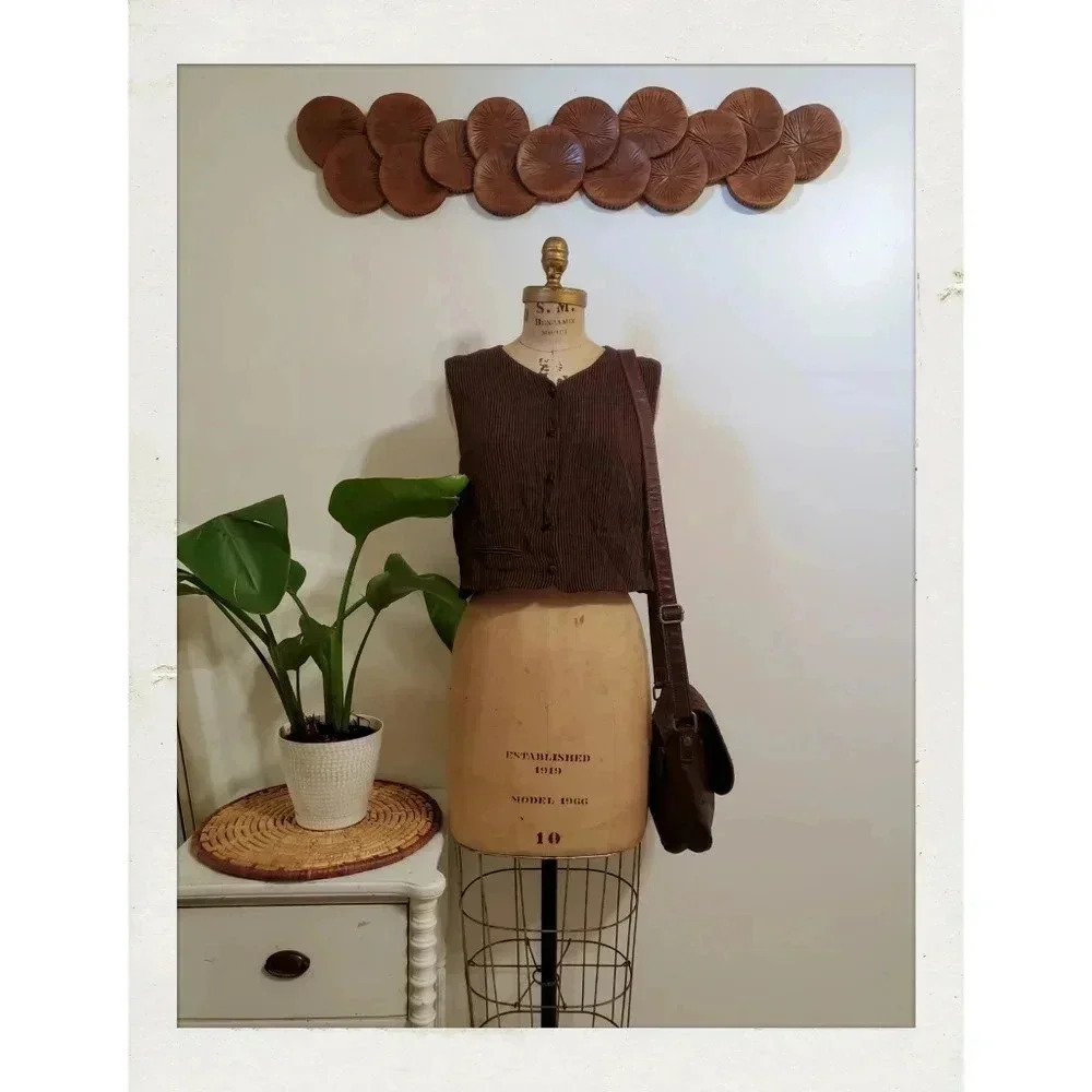 Vintage Striped Brown Cheetah Speckled Print Flowy Crop Button Vest